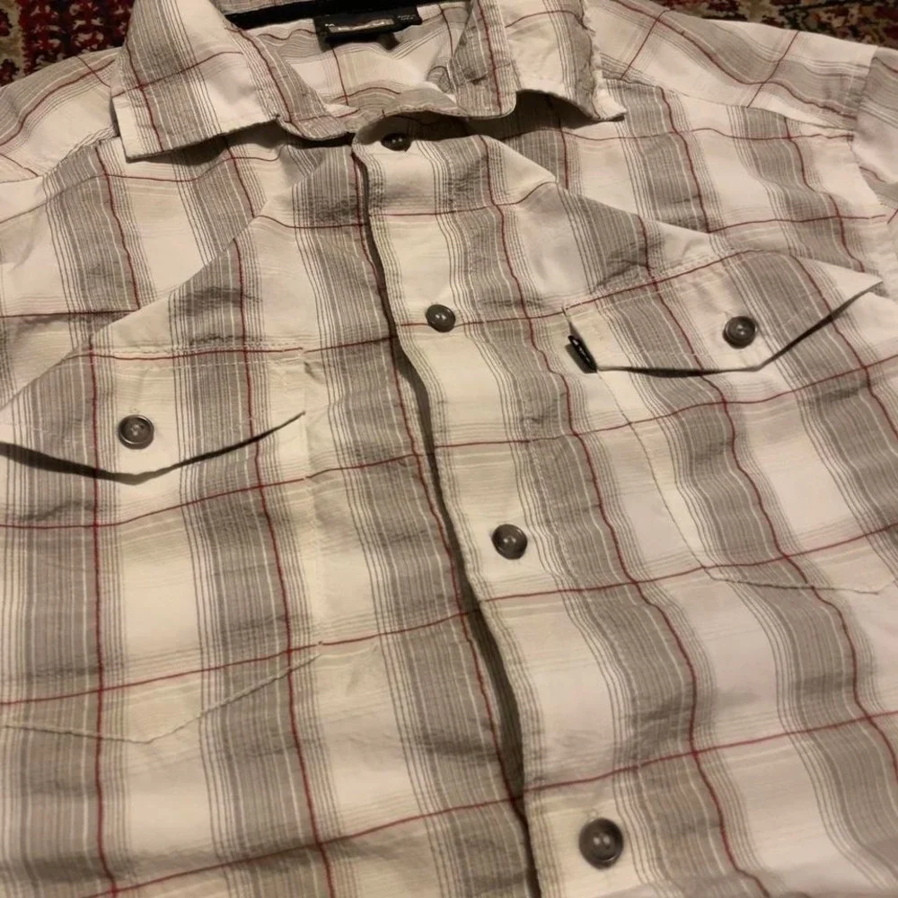 00s Kavu plaid pattern button up two pocket gorpcore hiking shirt M grey red - Picture 2 of 5